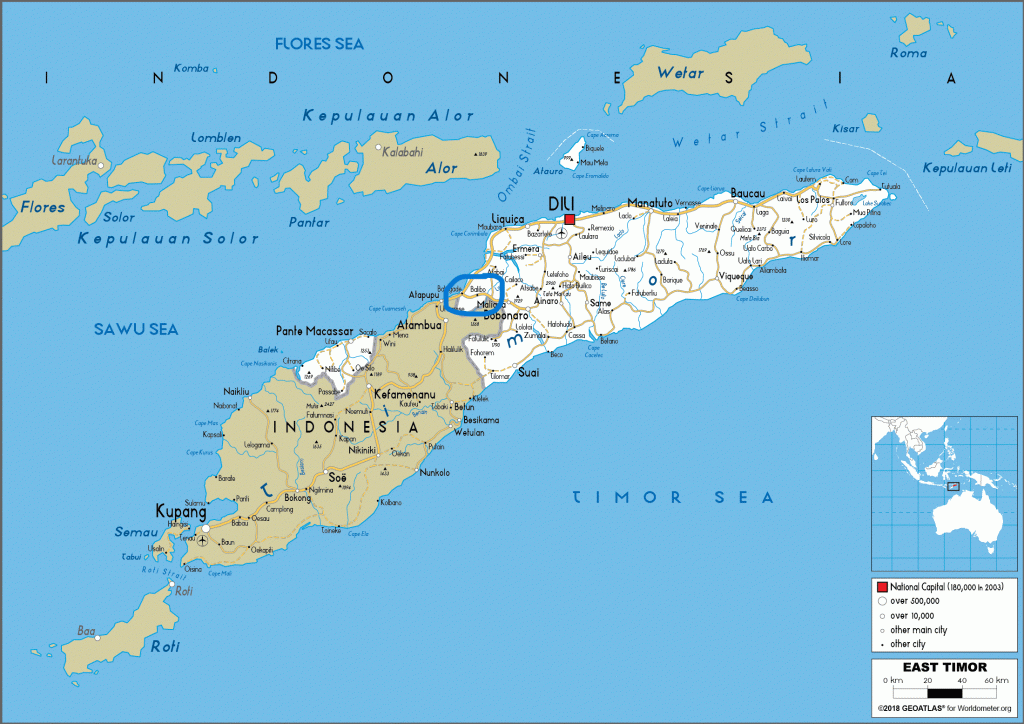 Circle showing location of Balibo, Timor-Leste